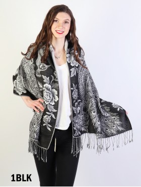 Peacock and Floral Print Pashmina W/ Tassels